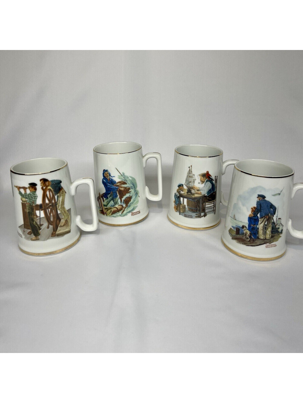 VTG Norman Rockwell 1985 Nautical Sailors Mug 4pc Set Made in Japan porcelain